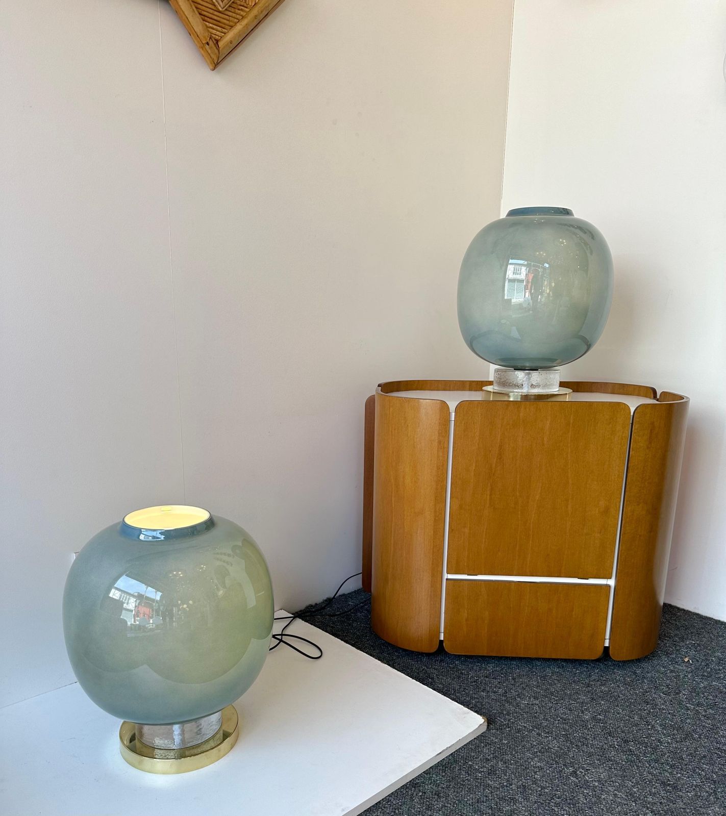Contemporary Pair Of Brass And Blue Murano Glass Bulb Lamps, Italy photo furniture