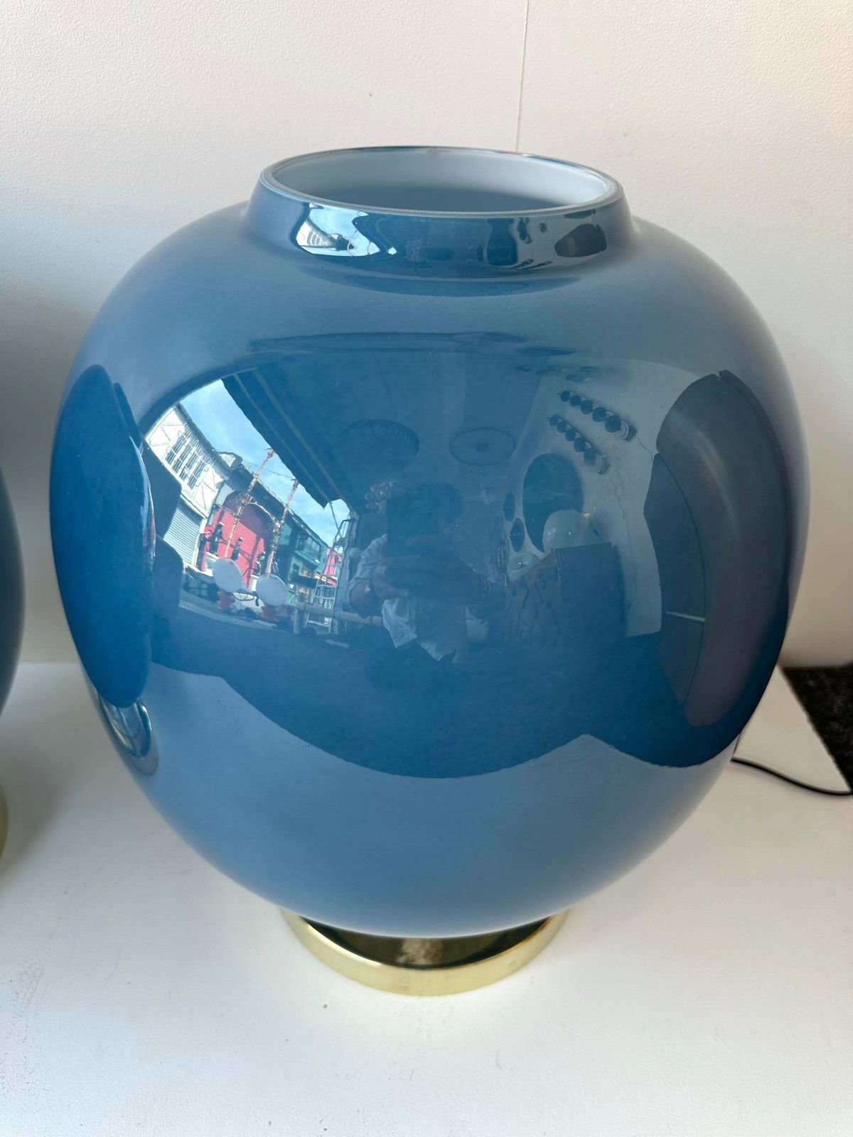 Contemporary Pair Of Brass And Blue Murano Glass Bulb Lamps, Italy photo vintage