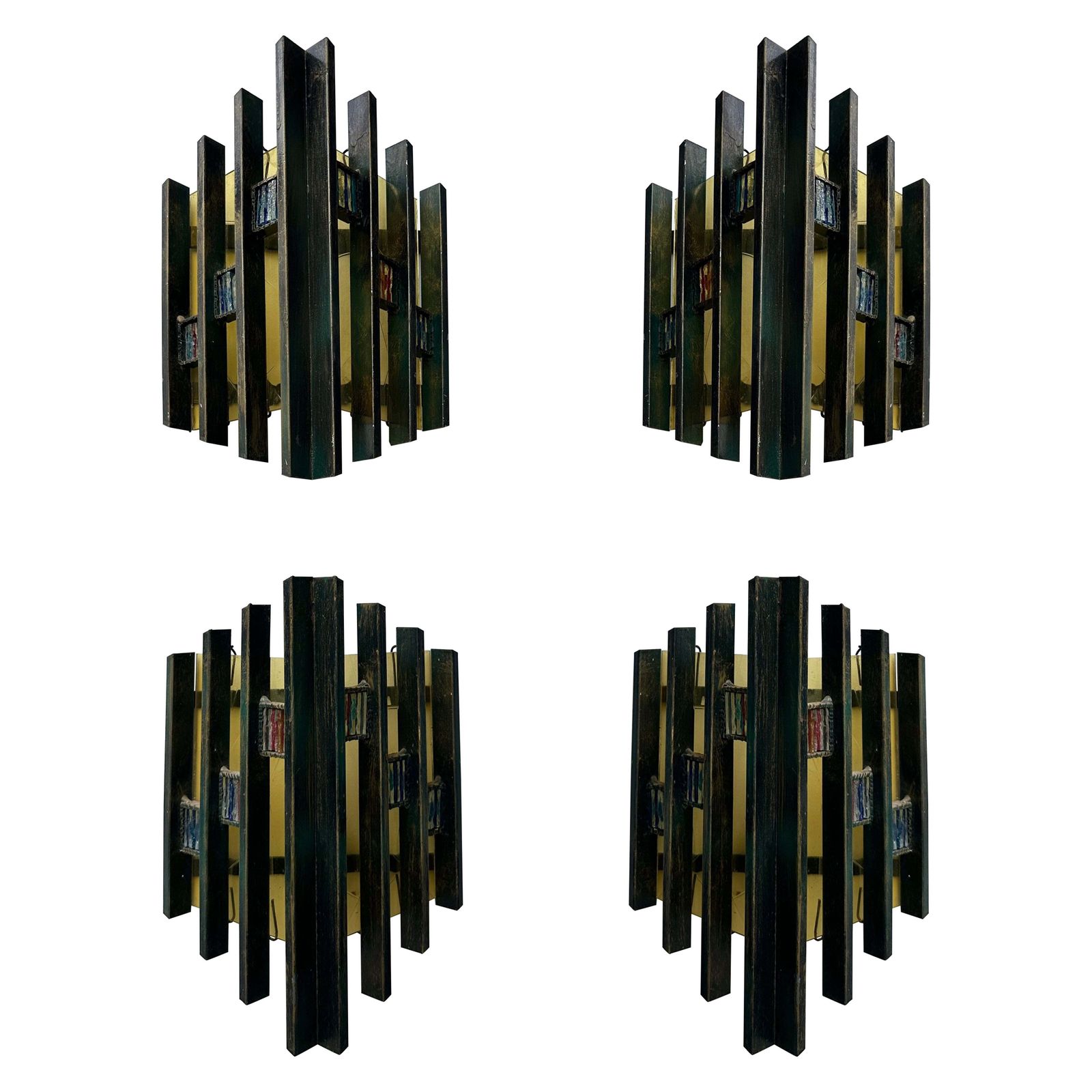 Pair Of Hammered Glass Gilt Iron Sconces By Biancardi, Italy, 1970s