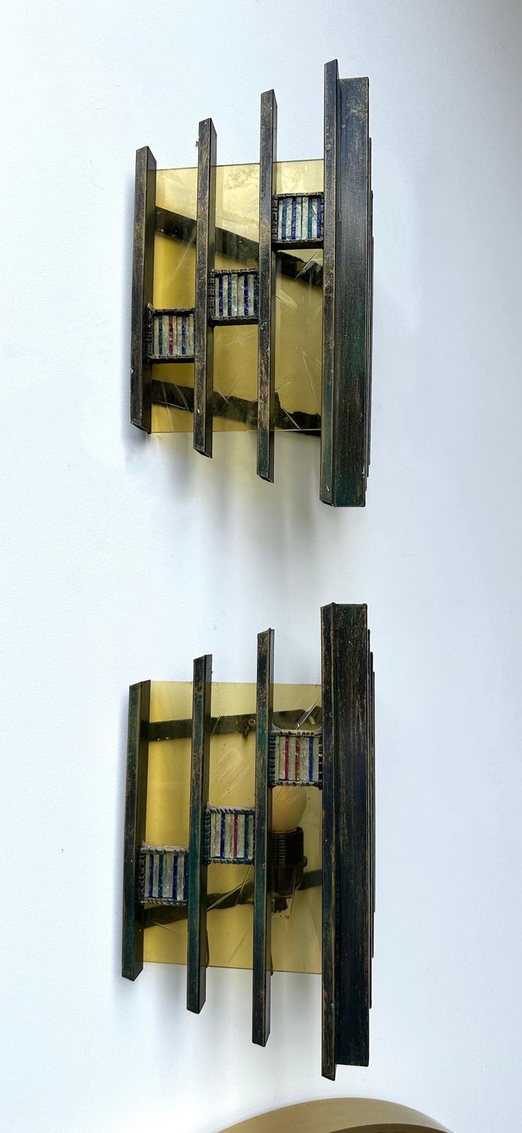 Pair Of Hammered Glass Gilt Iron Sconces By Biancardi, Italy, 1970s photo for sale