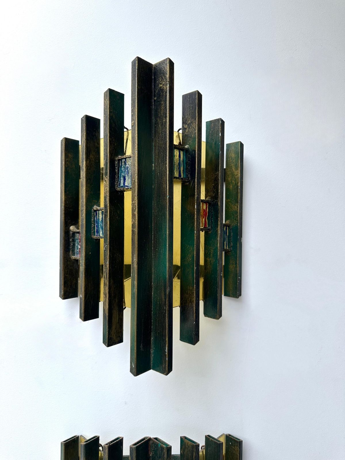 Pair Of Hammered Glass Gilt Iron Sconces By Biancardi, Italy, 1970s photo Lighting