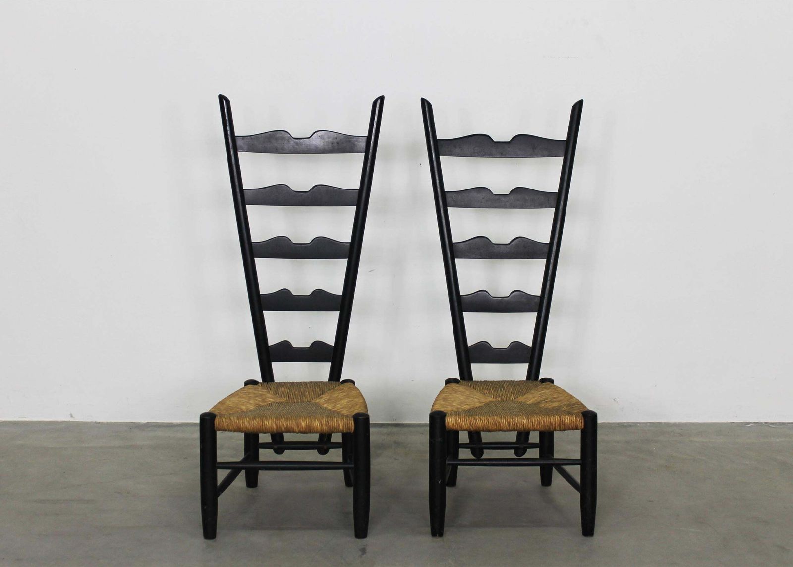 Gio Ponti Set Of Two Fireside Chairs In Black Lacquered Wood And Rush 1950s photo for sale