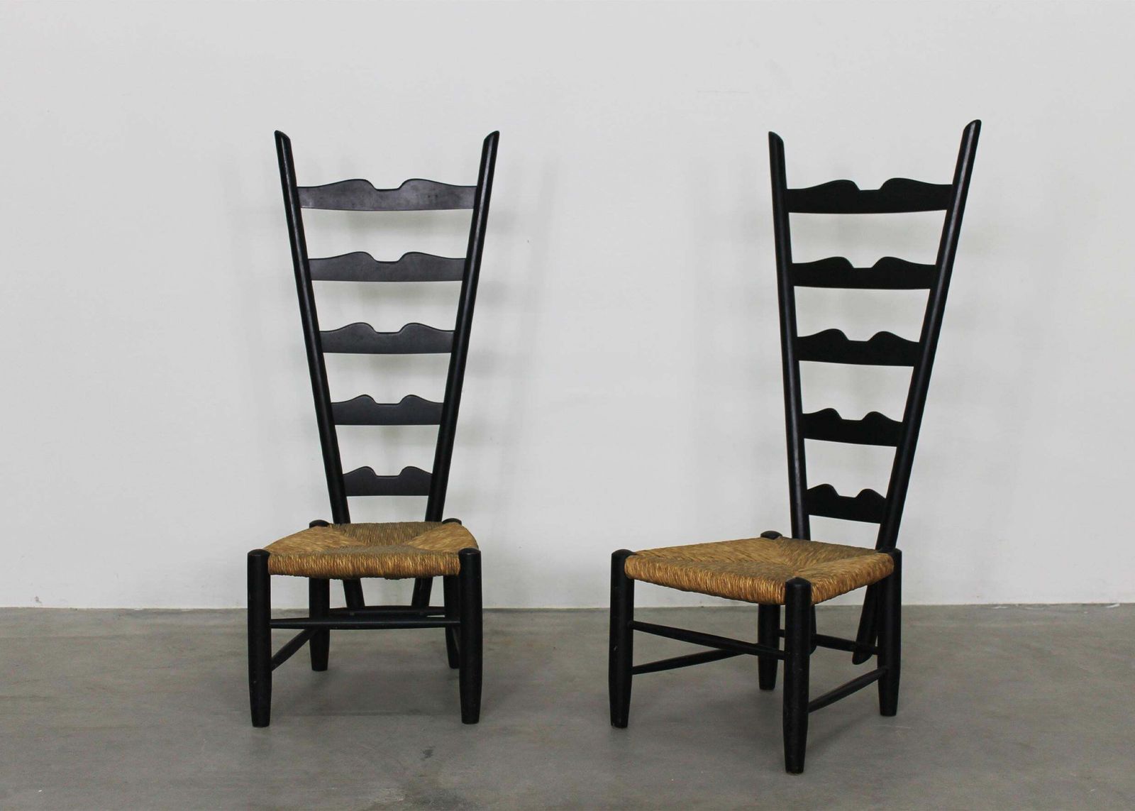Gio Ponti Set Of Two Fireside Chairs In Black Lacquered Wood And Rush 1950s photo 3929.0
