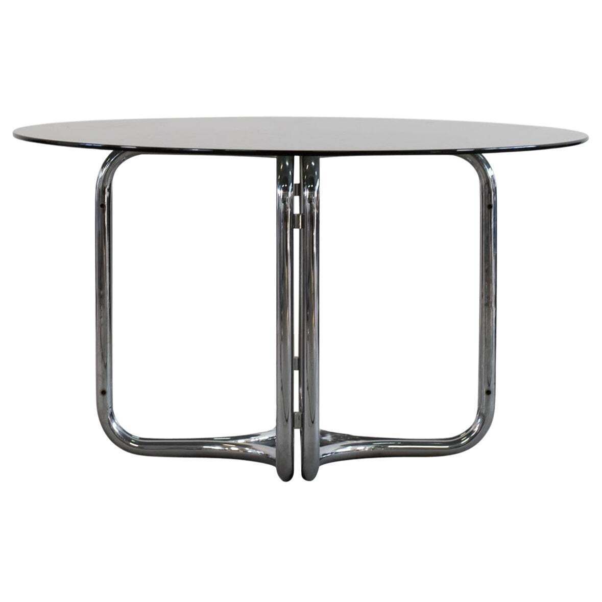 Giotto Stoppino Round Dining Table In Steel And Smoked Glass 1970s