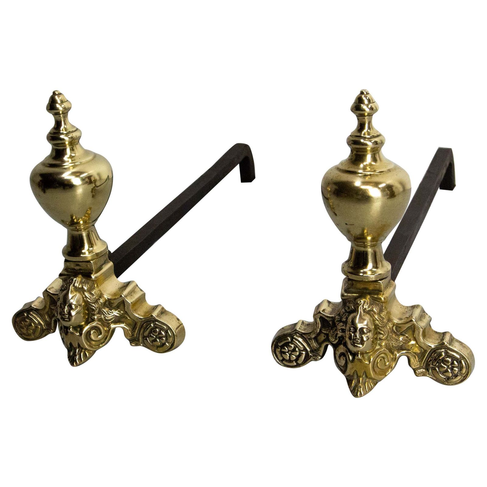Pair Of Napoléon III Brass & Wrought Iron Cherubs Andirons, France, C 1890