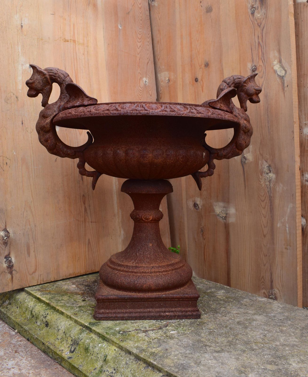 photo for sale French 19th Century Cast Iron Garden Urn With Dragon Handles