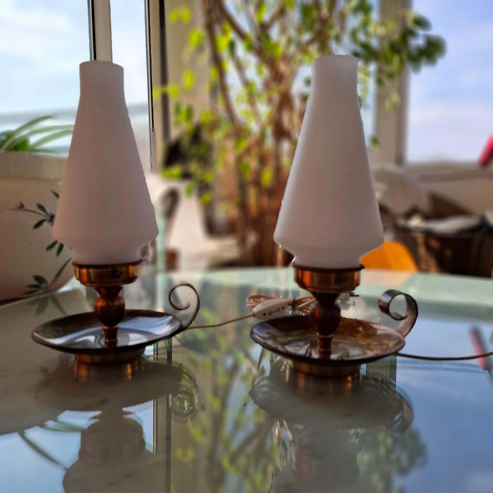 Lighting Stilnovo Coppia Lampade Da Tavolo Firmate Ottone E Vetro Opale 1950 Italy photo