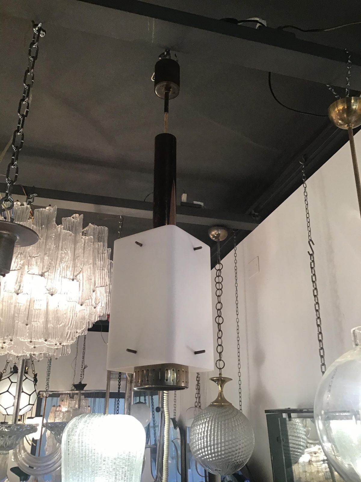 Stilnovo Chandelier Brass Opaline Glass 1950 Italy photo vintage