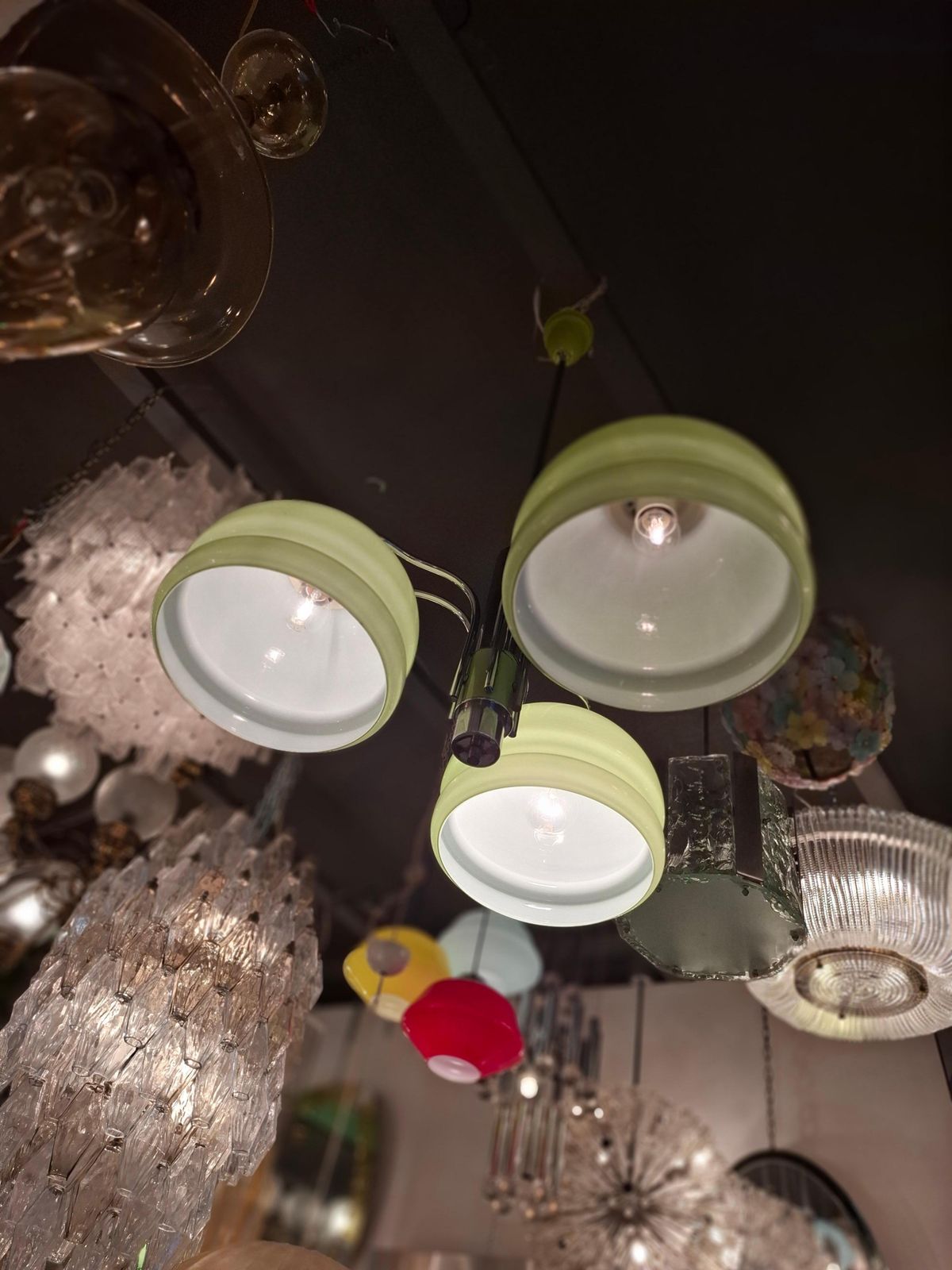 Stilnovo Chandelier N Tre Luci Vetro Incamiciato Metallo Cromato 1960 Italia photo vintage