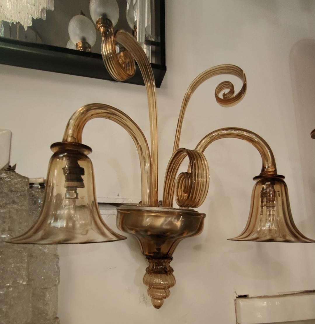 Venini   Coppia Di Apliques A 2 Luci In Vetro Di Murano   Italia 1930. photo for sale