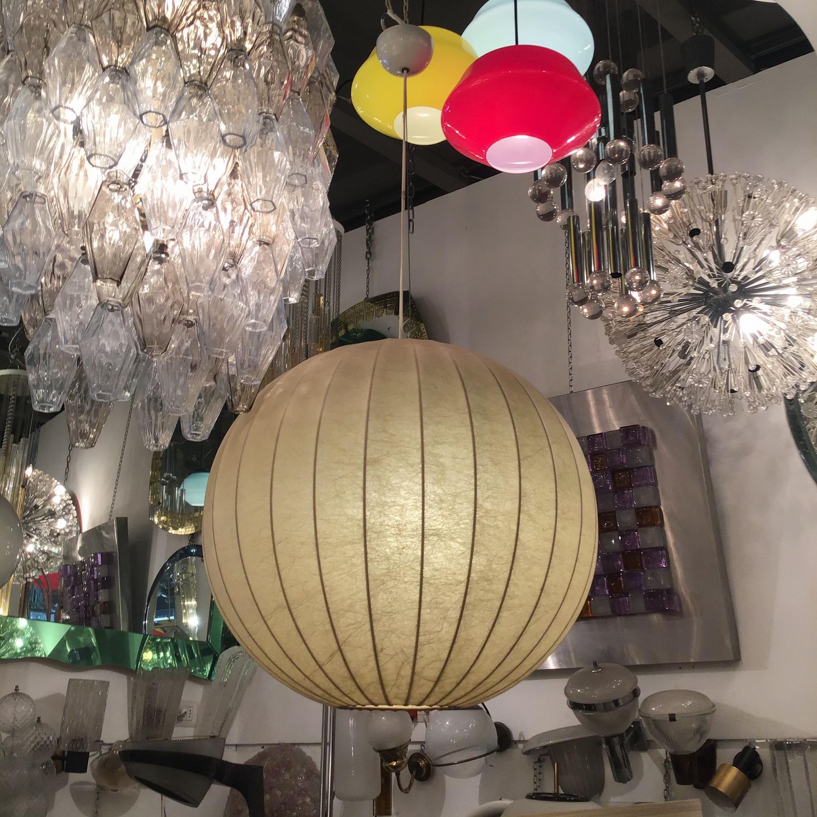 photo for sale Flos Achille And Piergiacomo Castiglioni Chandelier Cocoon Metal 1960 Italy