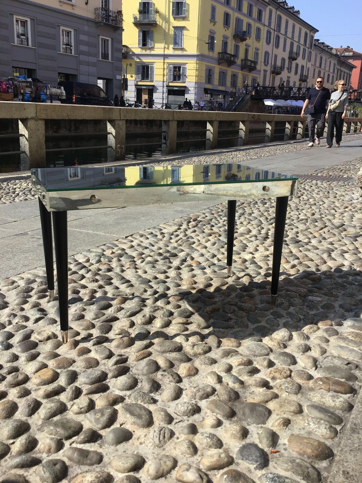 photo buy Luigi Brusotti Coffee Table Mirrored Glass Metal Crome Wood 1940 Italy