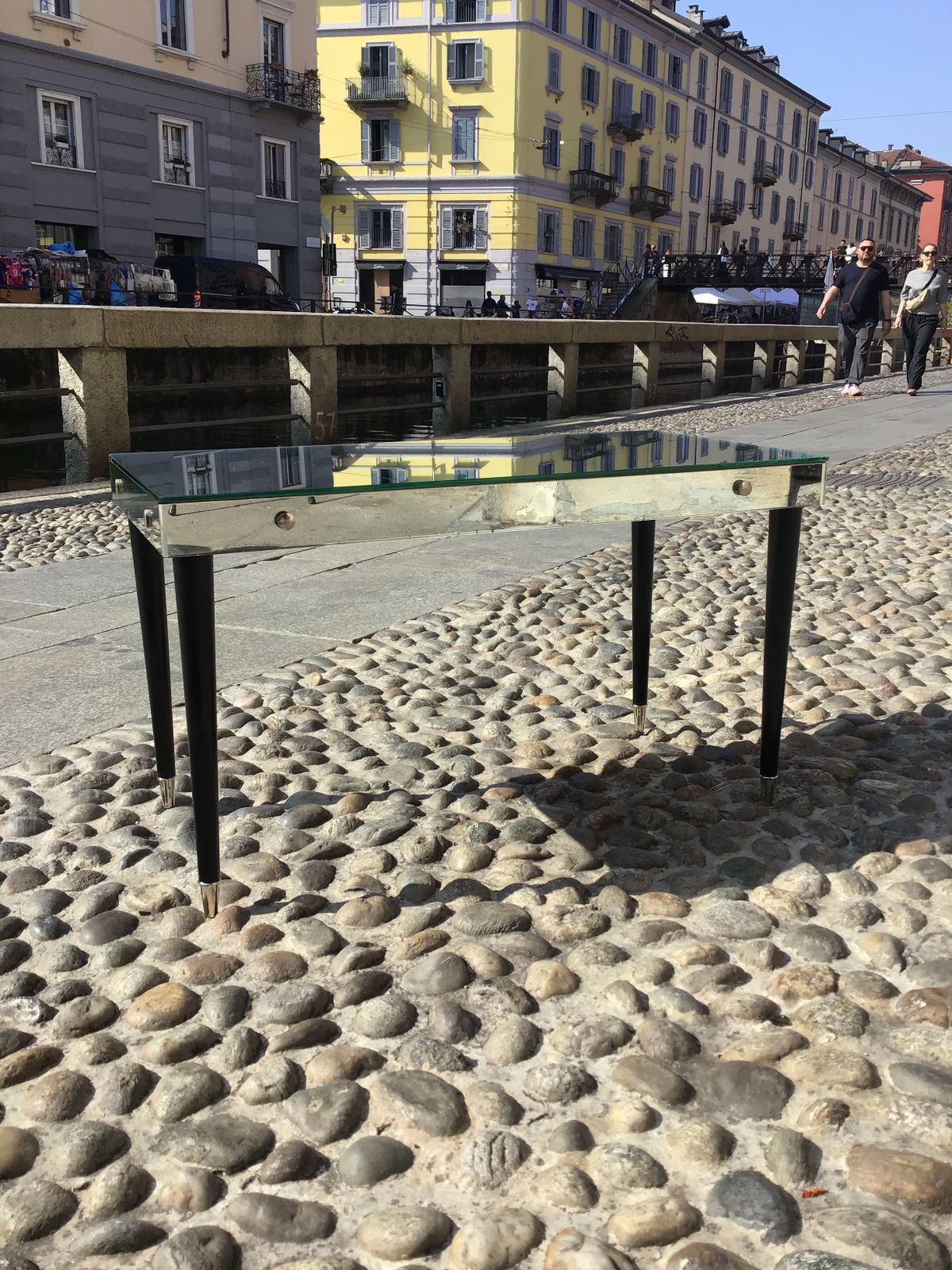 photo vintage Luigi Brusotti Coffee Table Mirrored Glass Metal Crome Wood 1940 Italy