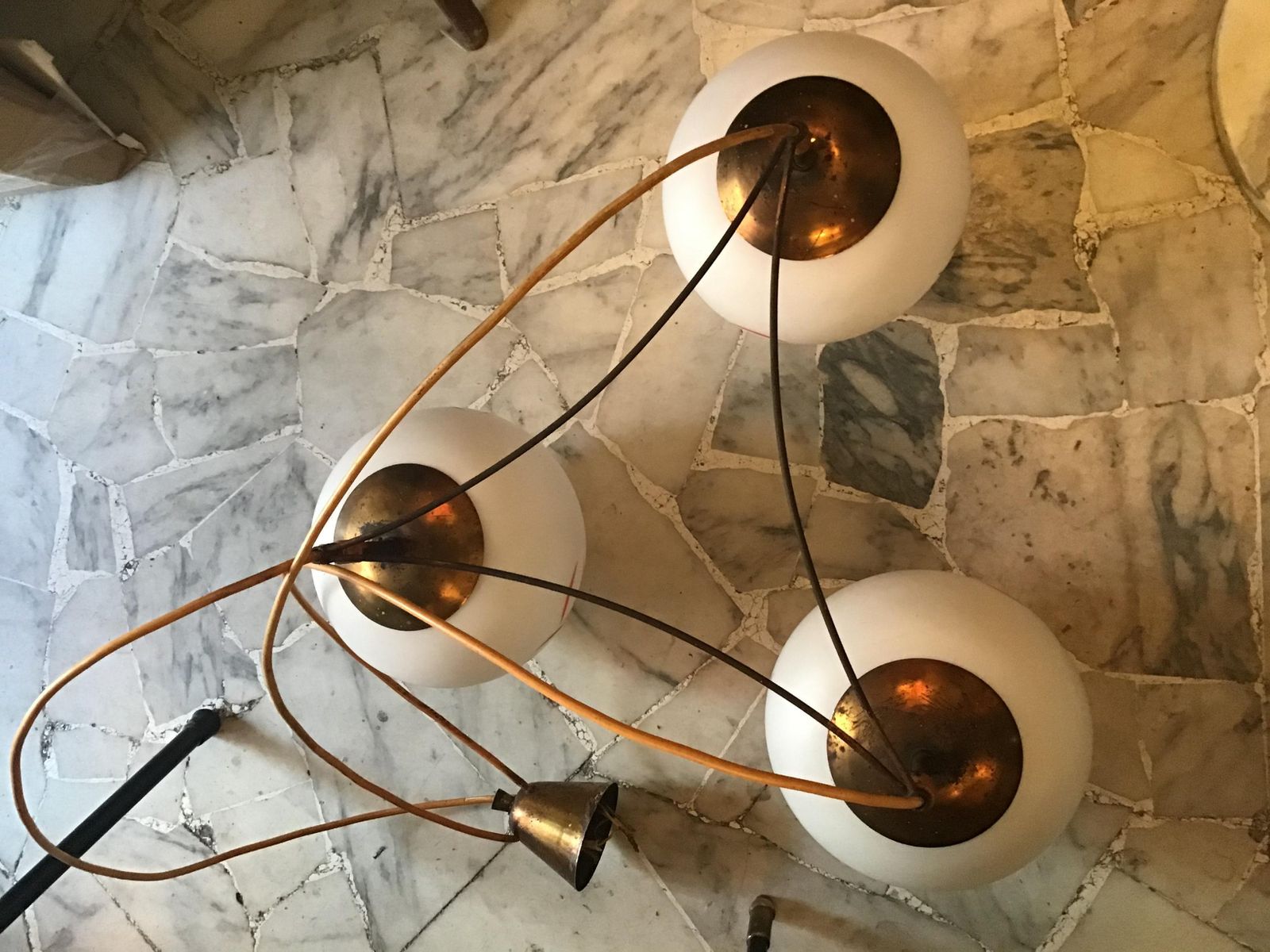 photo for sale Attributed To Stilnovo Chandelier Brass Glass 1950 Italy