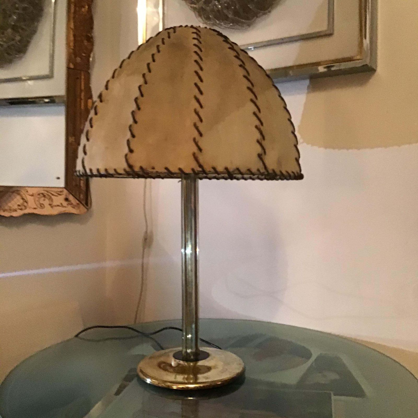 Fontana Arte Max Ingrand Table Lamp Brass Glass Wood Lampshade 1940 Italy photo for sale