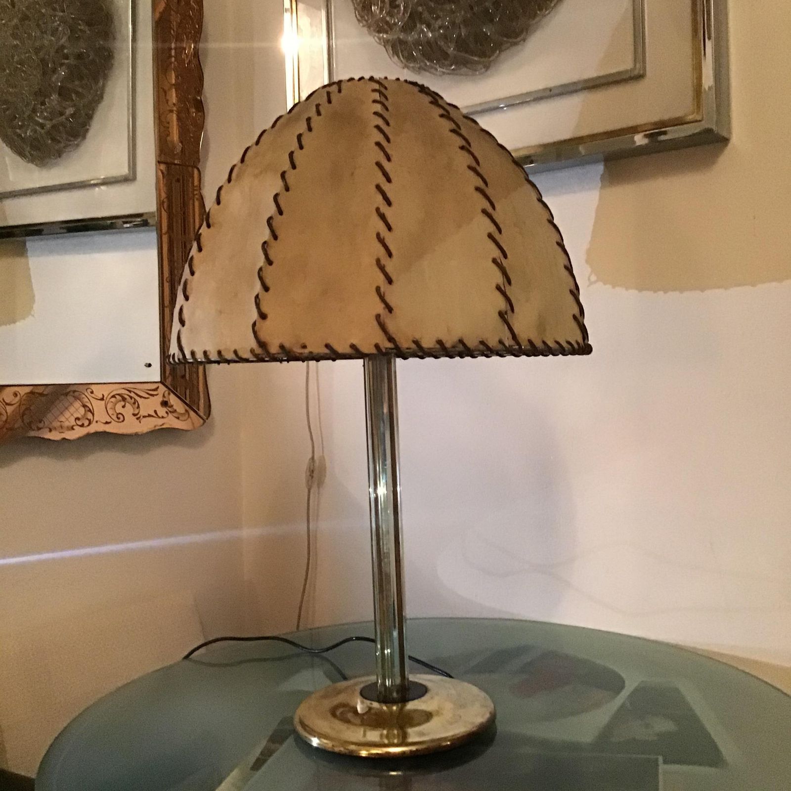 Fontana Arte Max Ingrand Table Lamp Brass Glass Wood Lampshade 1940 Italy photo vinterior