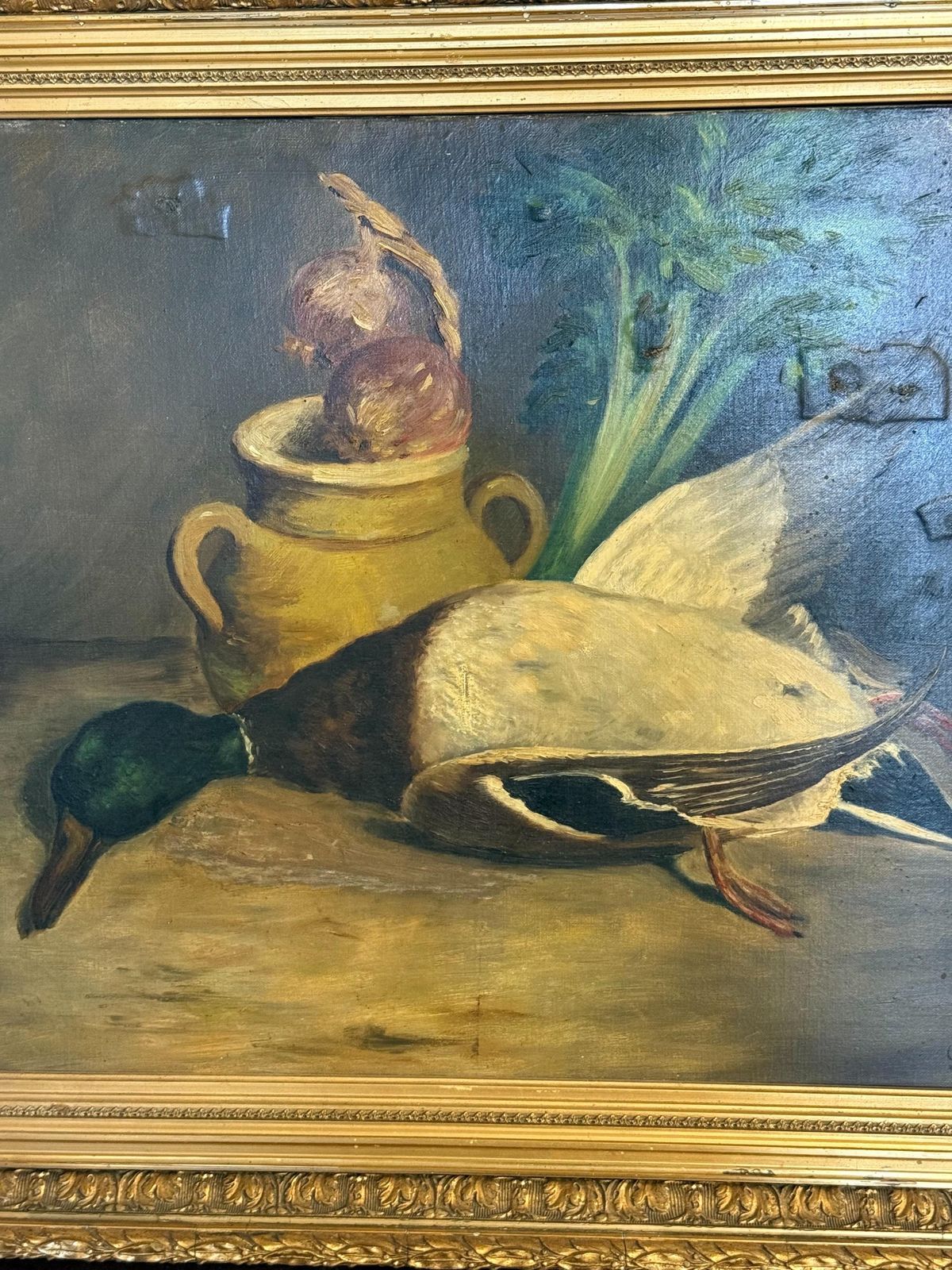 French 19th Century Still Life With Mallard, Vegetables & Earthenware photo Art