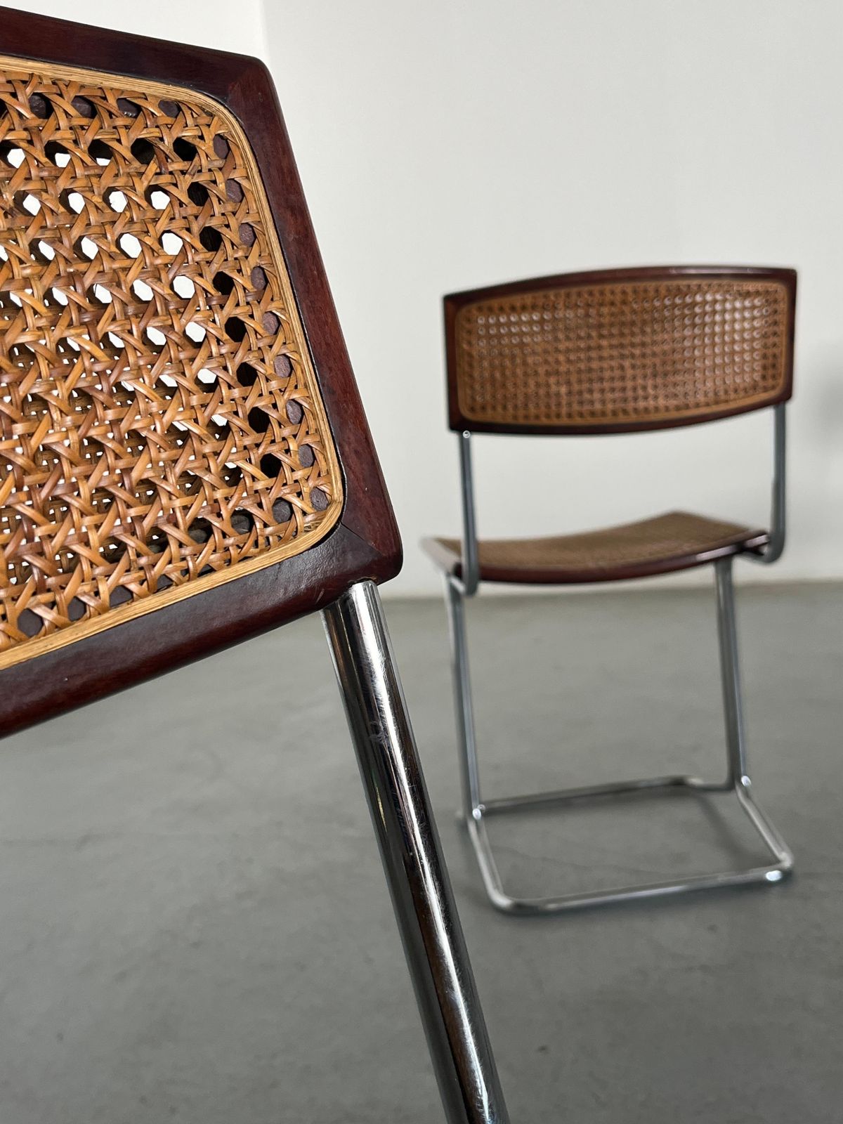 photo furniture 1 Of 4 Vintage 'Calla' Chairs In Wood, Wickered Cane And Chrome, 1970s Italy