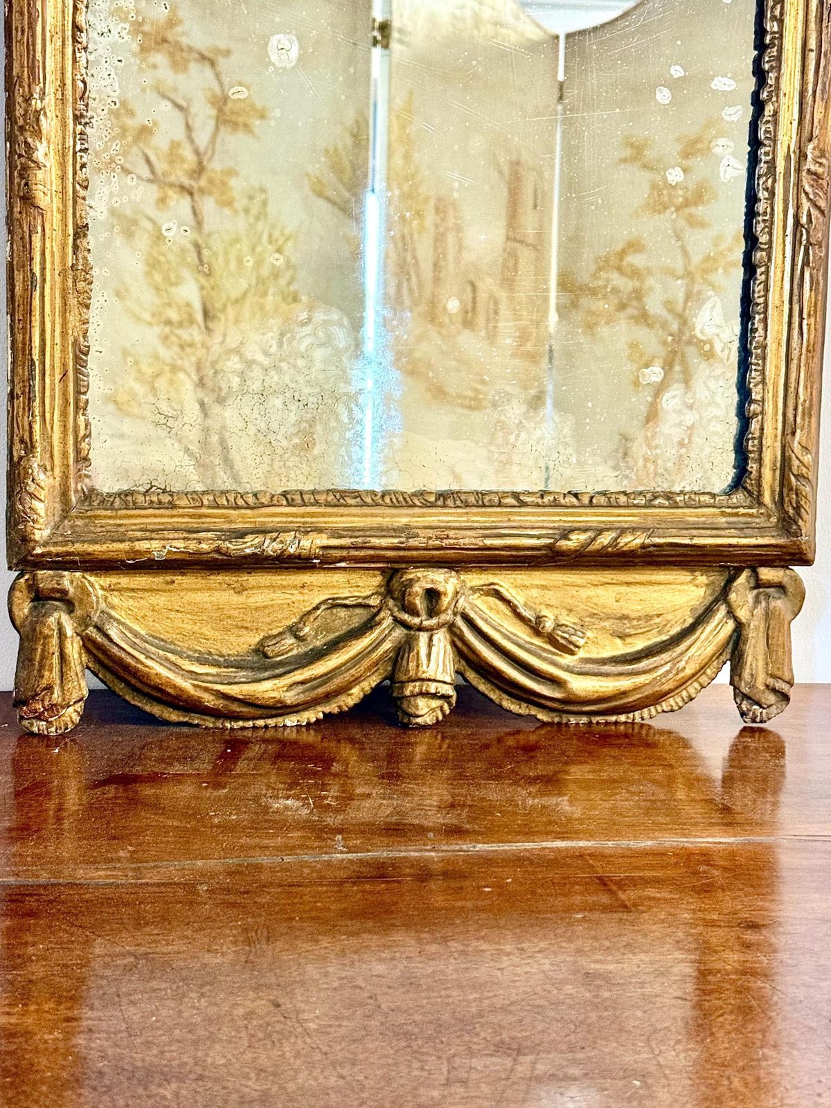 18th Century Louis XVI Giltwood Mirror With Laurel Crest And Draped Base photo vintage