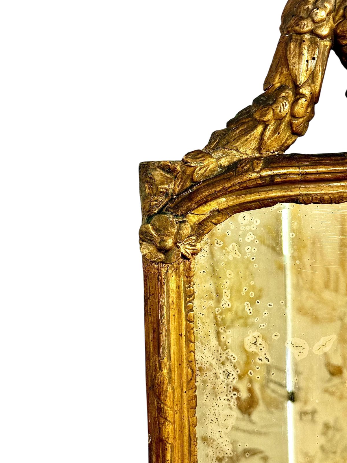 photo for sale 18th Century Louis XVI Giltwood Mirror With Laurel Crest And Draped Base