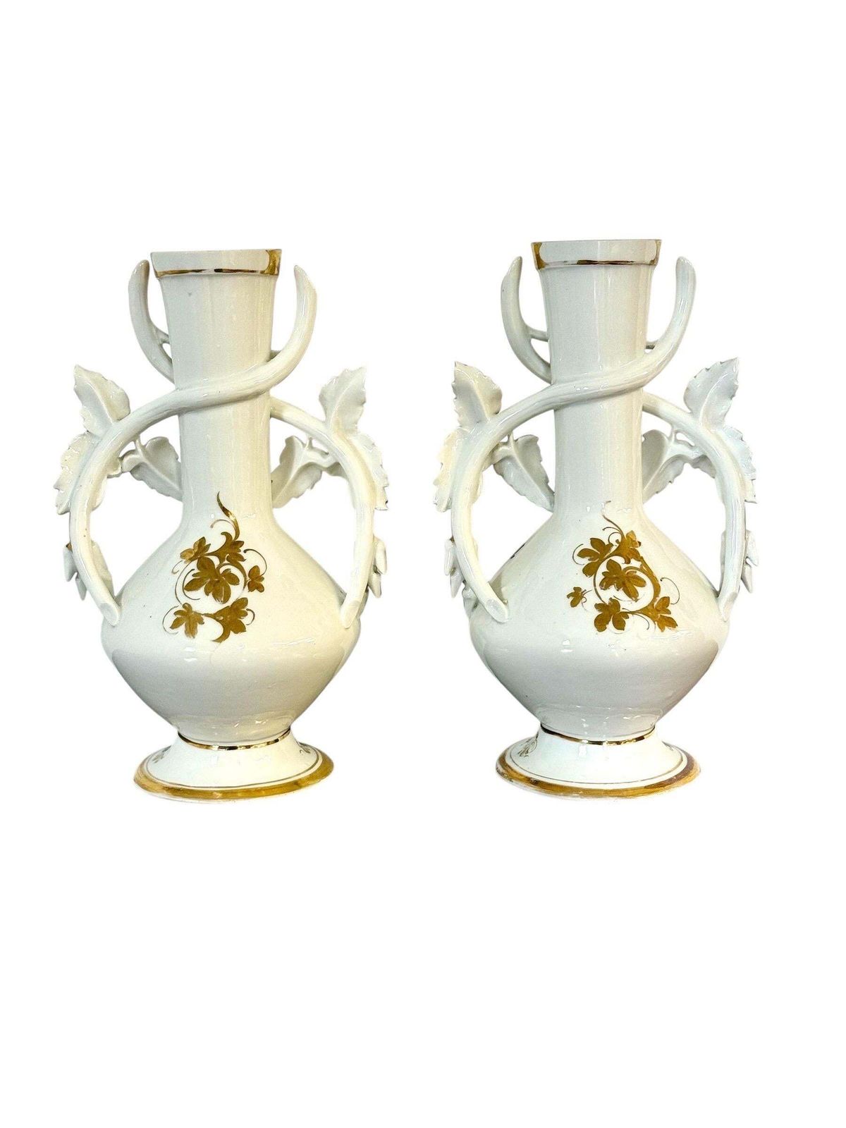 Pair Of 19th C. Paris Porcelain Vases With Gilt Handles And Floral Painting photo buy