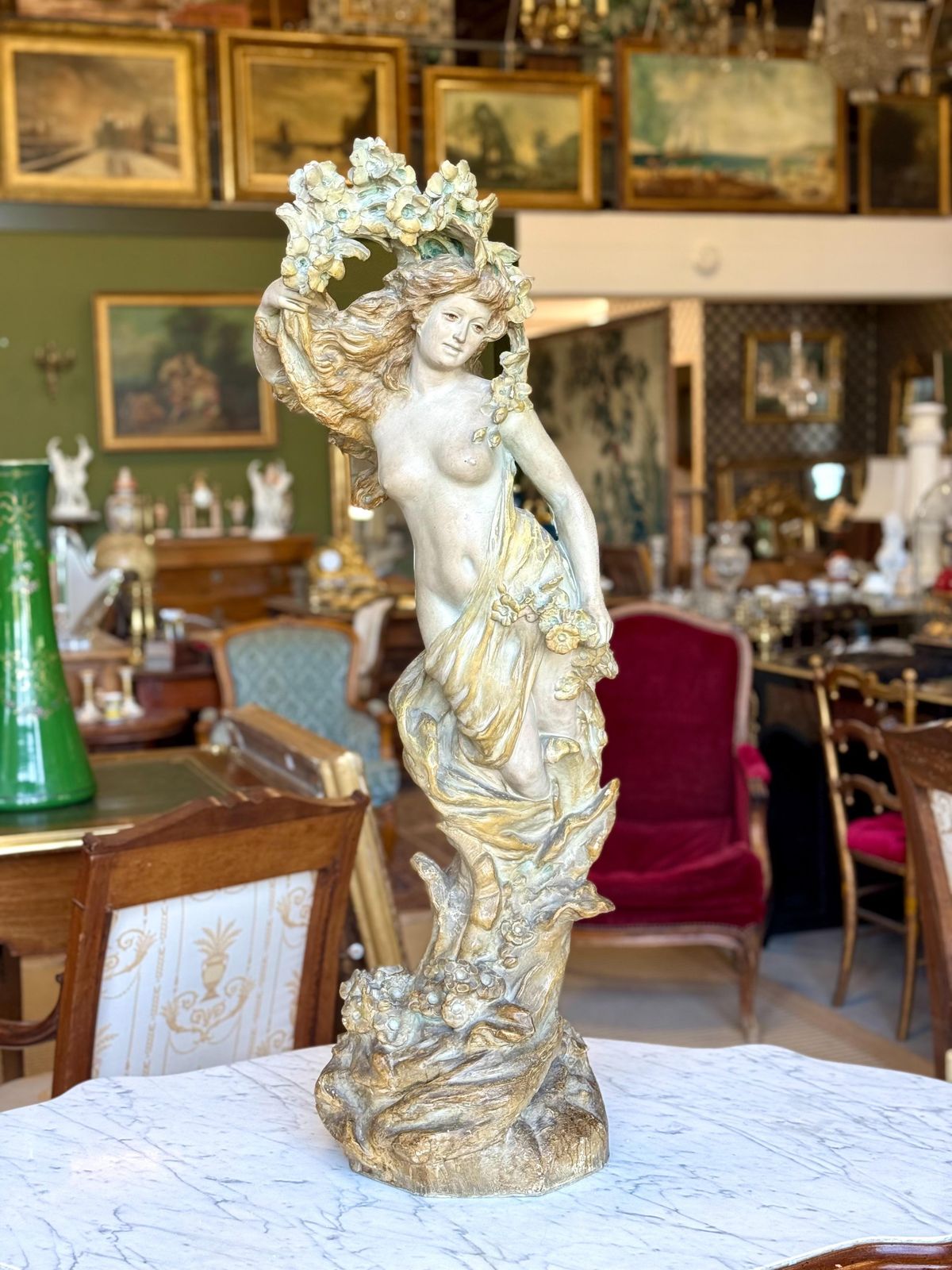 Large French Art Nouveau Polychrome Plaster Statue Of A Floral Maiden, C.1900 photo vinterior