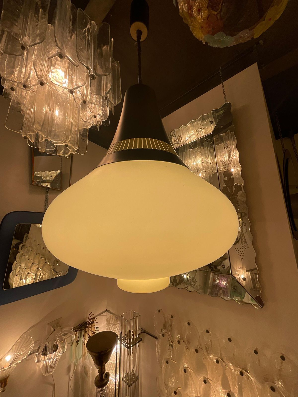 Stilnovo   60's Chandelier   3 Stratus Opaline Glass   Made In Itali photo for sale
