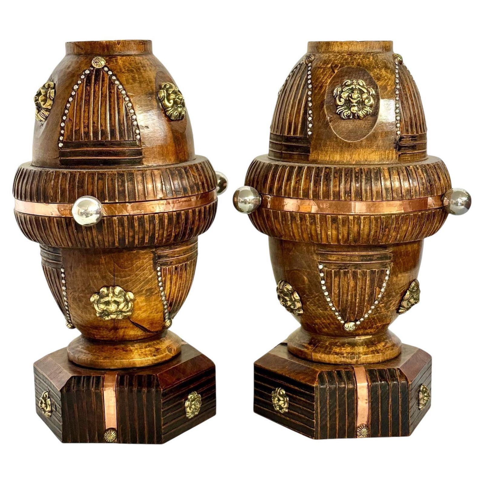Pair Of 19th Century French Folk Art Torchères With Gilt Brass Lion Heads