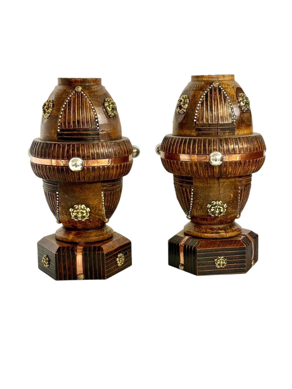Pair Of 19th Century French Folk Art Torchères With Gilt Brass Lion Heads photo furniture