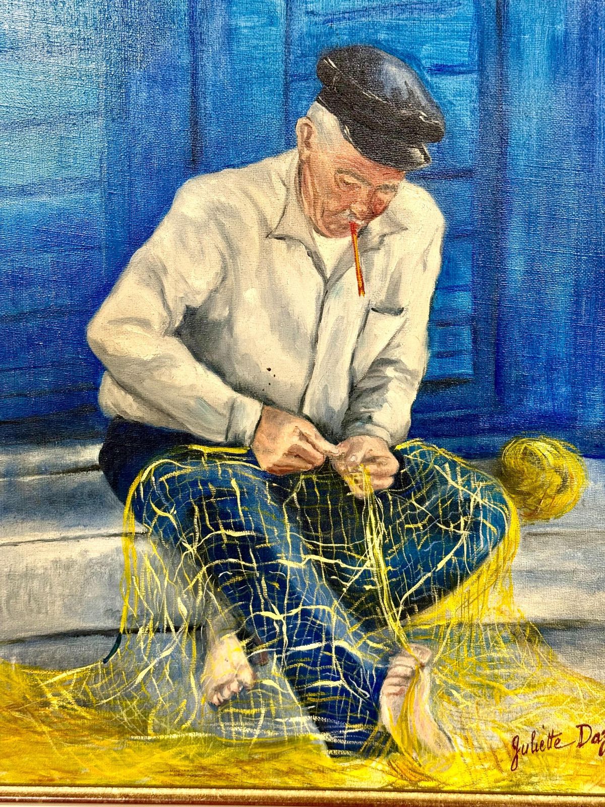 Oil On Canvas In A Giltwood Frame "Fisherman With Nets" By Juliette Daziano photo furniture