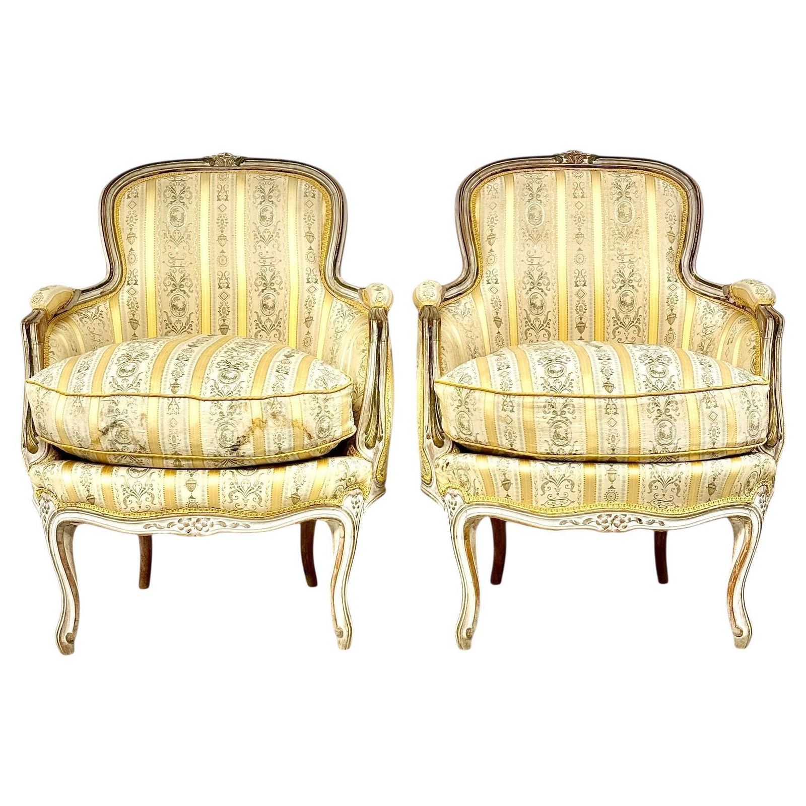 Pair Of 19th C. French Louis XVI Style Bergères With Silk Blend Satin Upholstery