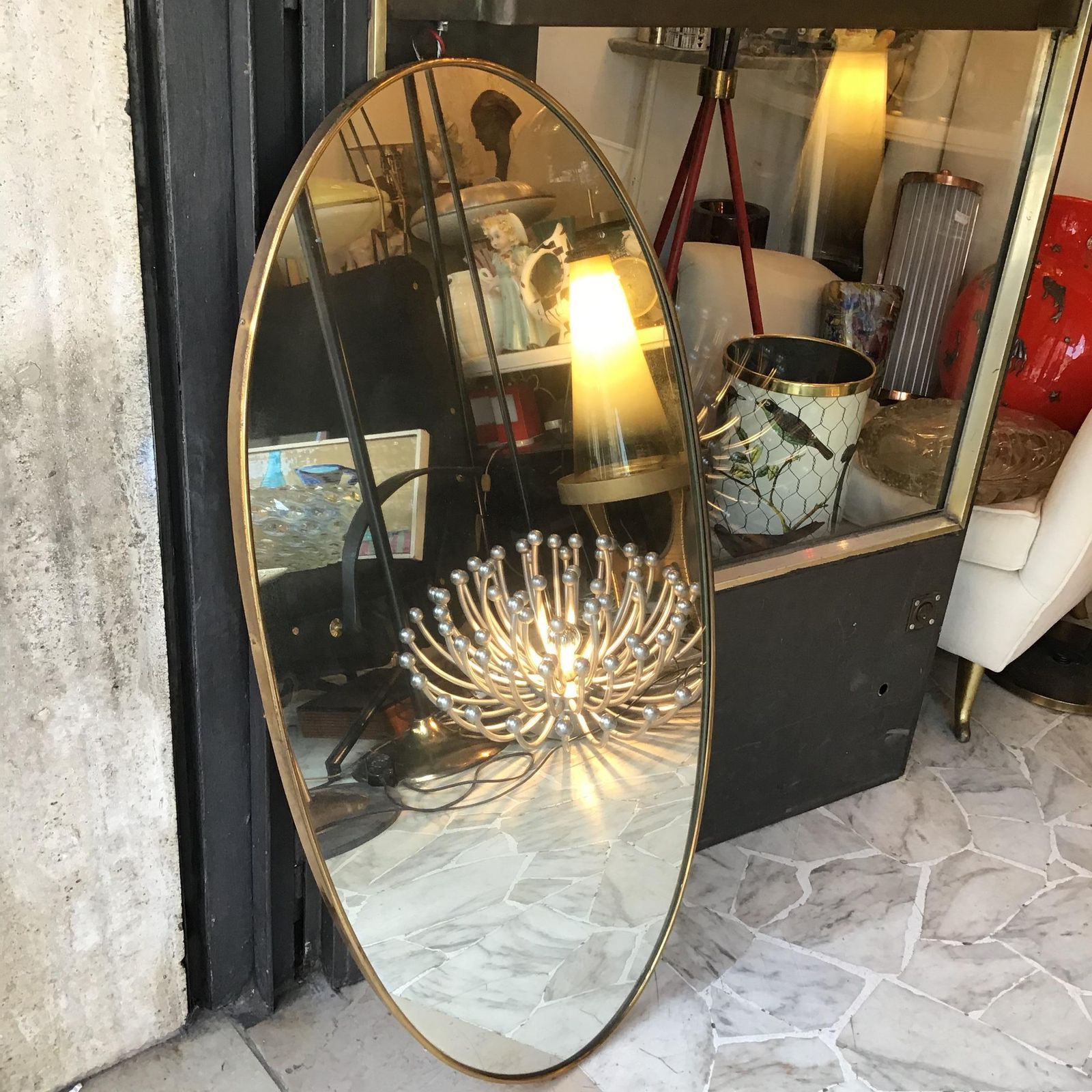 In The Style Of Fontana Arte Ovale Mirror Brass Wood Mirrored Glass 1950 Italy photo buy