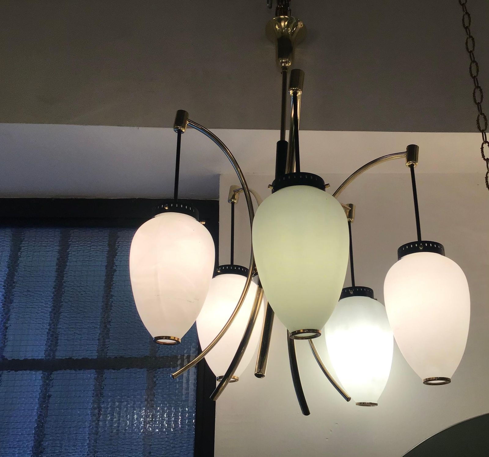 Stilnovo Chandelier Opaline Glass Brass Iron 1950 Italy photo vinterior