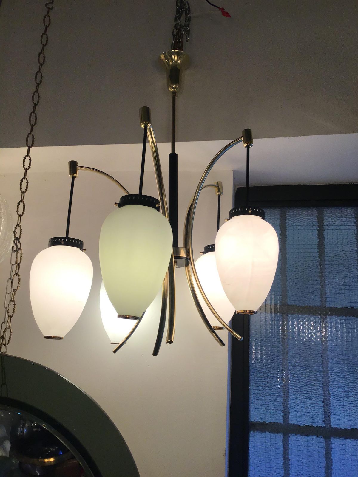 photo furniture Stilnovo Chandelier Opaline Glass Brass Iron 1950 Italy