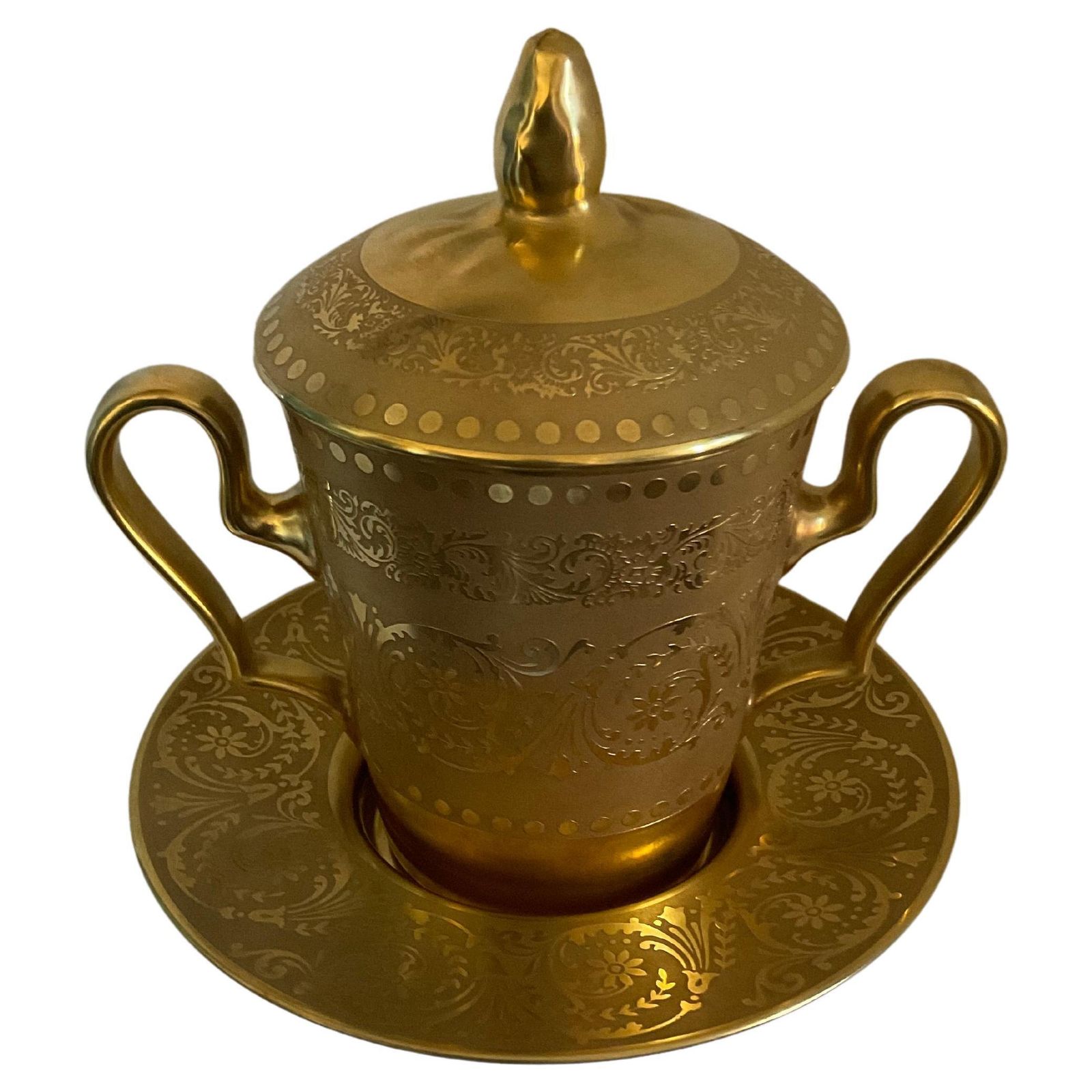 Limoges Porcelain   Container With 2 Handles, Lid And Plate , Gold Glaze