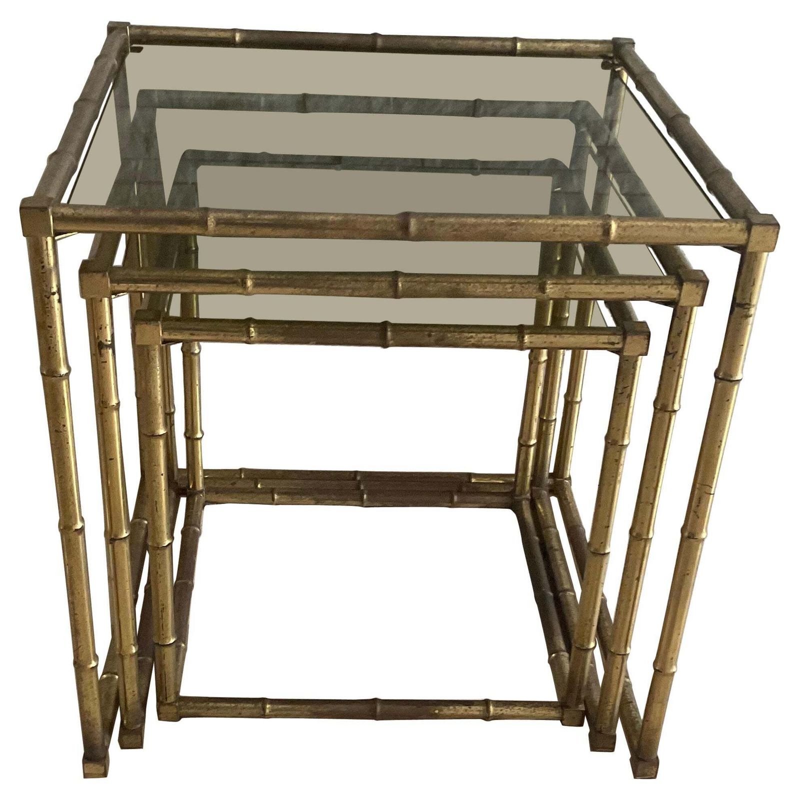 Set Of 3 Interlocking Tables Made Of Brass Worked In The Shape Of Bamboo, And Glass Italy