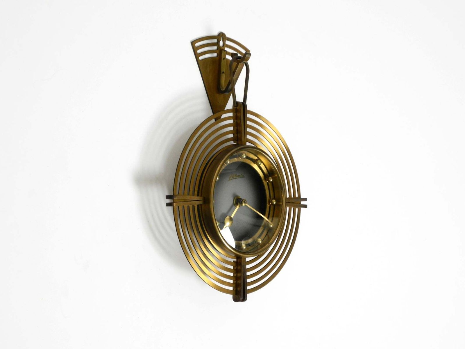 Beautiful Mid Century Atlanta Wall Clock Battery Operated And Made Of Brass photo for sale