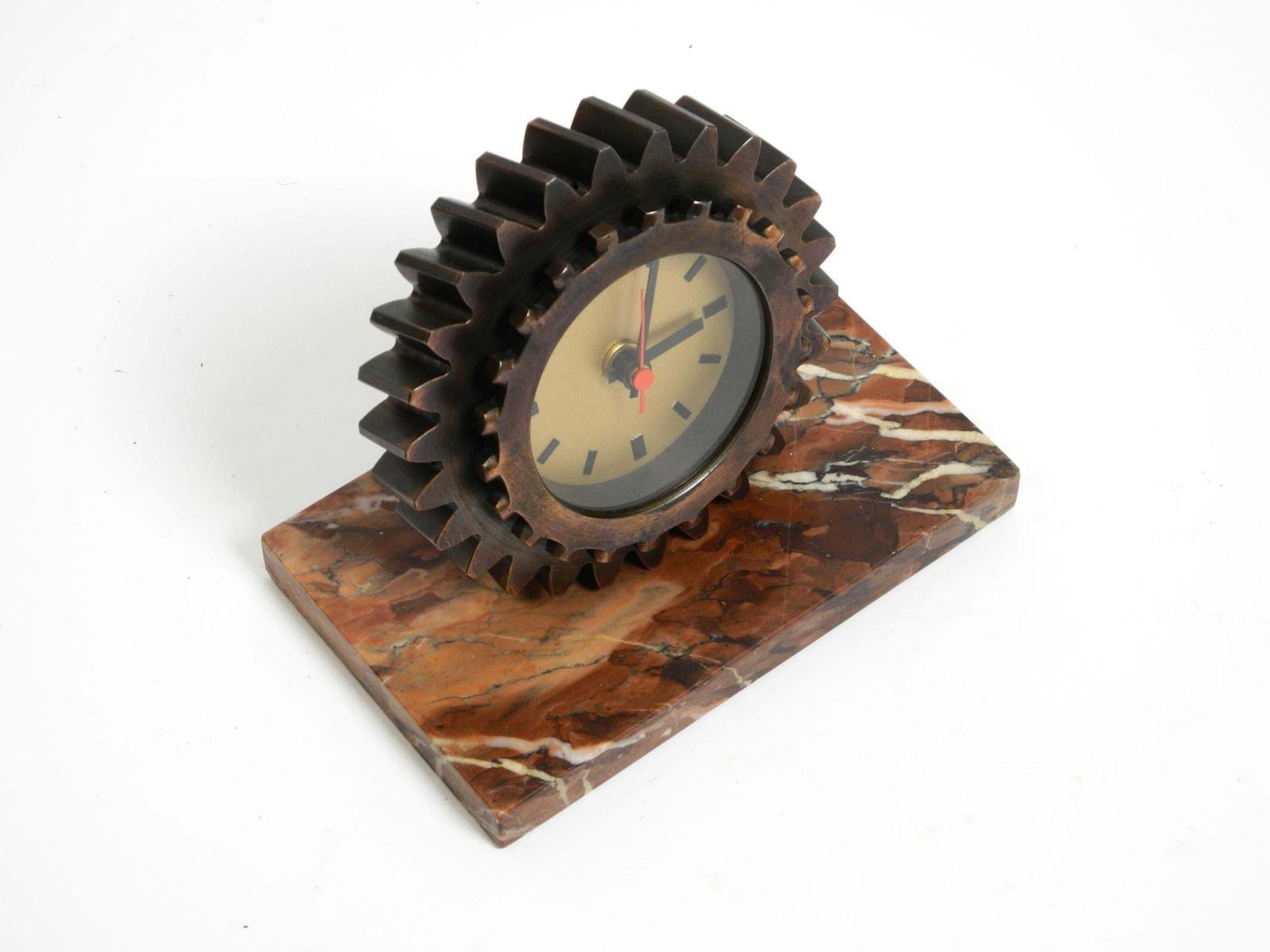 Beautiful 70s Heavy Table Clock Made Of An Iron Gear And A Marble Base photo Home Decor