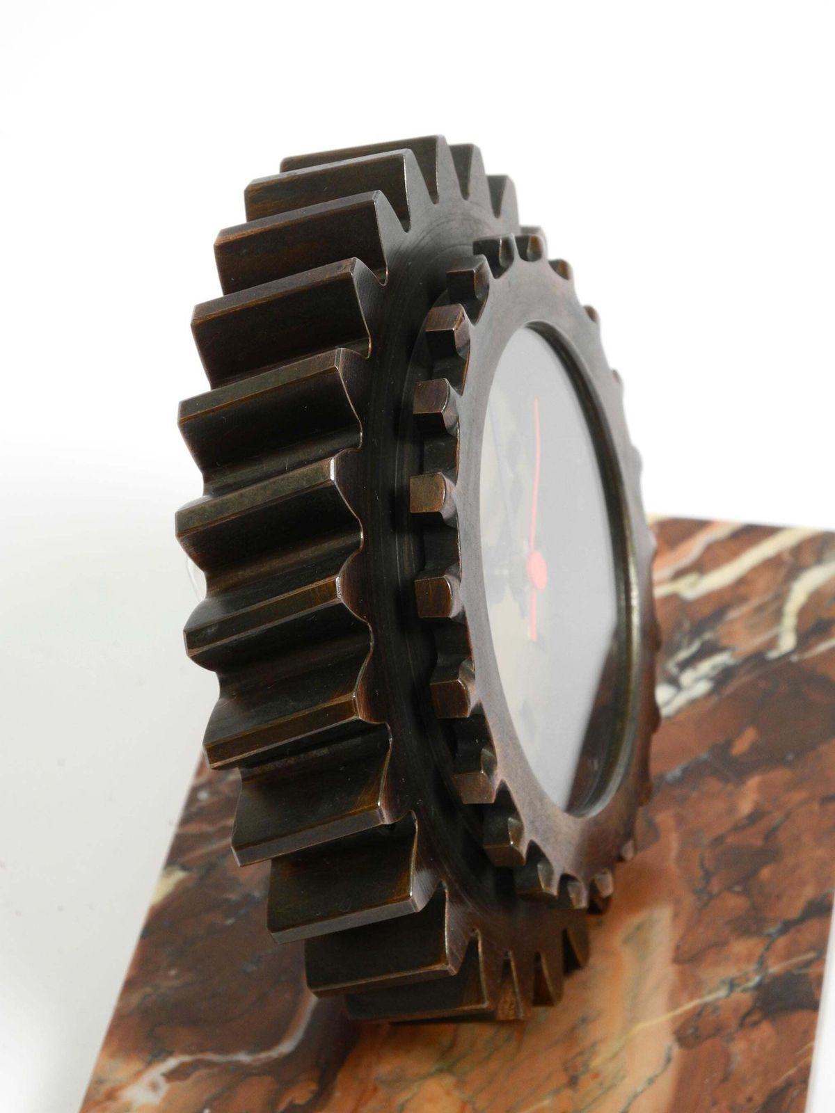 Beautiful 70s Heavy Table Clock Made Of An Iron Gear And A Marble Base photo buy