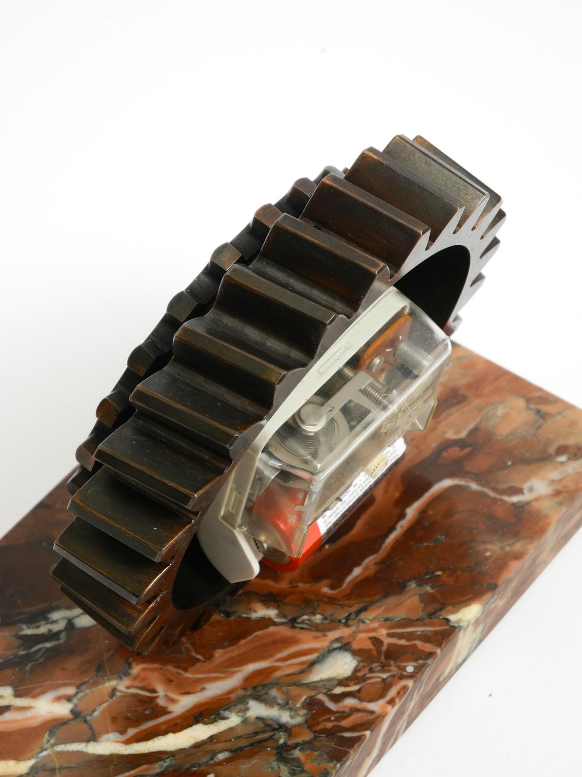 photo for sale Beautiful 70s Heavy Table Clock Made Of An Iron Gear And A Marble Base