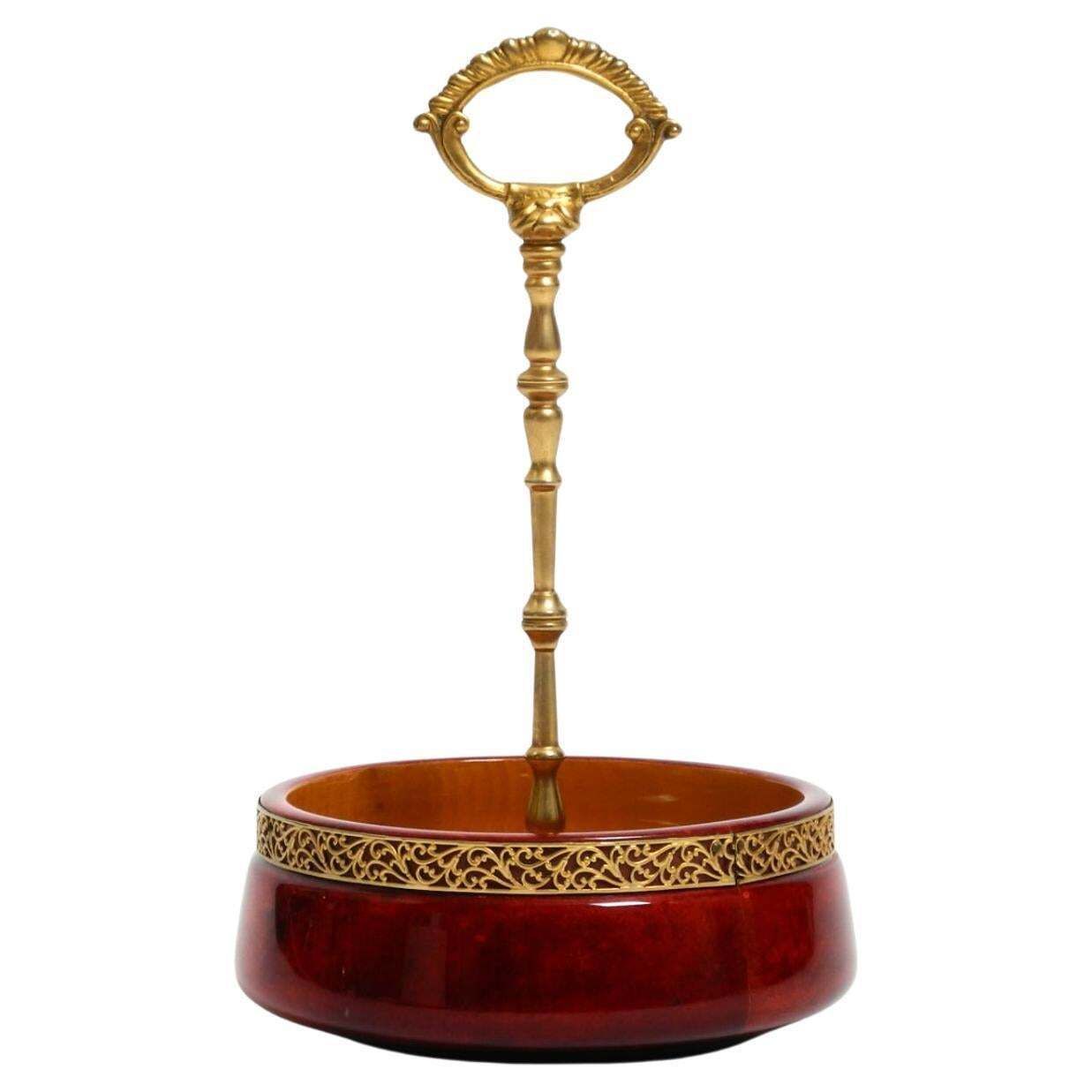 1960s Nut Bowl By Aldo Tura Made Of Red Goatskin And Brass   Made In Italy
