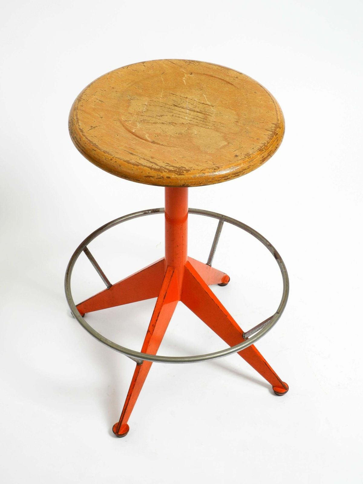 Rare Solid Italian Mid Century Industrial Metal Stool By Mautren In Rare Orange photo for sale