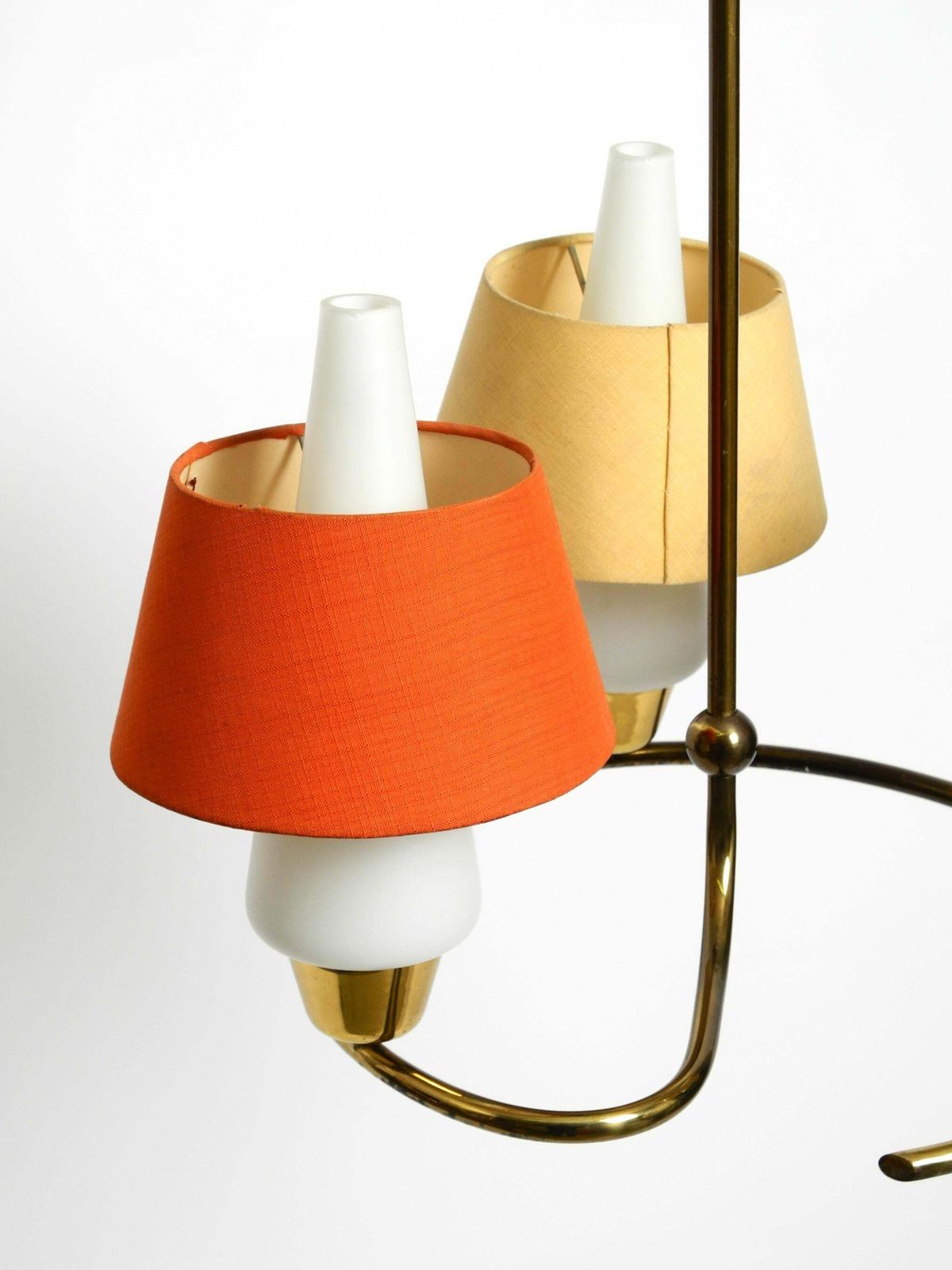 photo vintage Mid Century Brass Ceiling Lamp With Glass And Fabric Shades By J. T. Kalmar