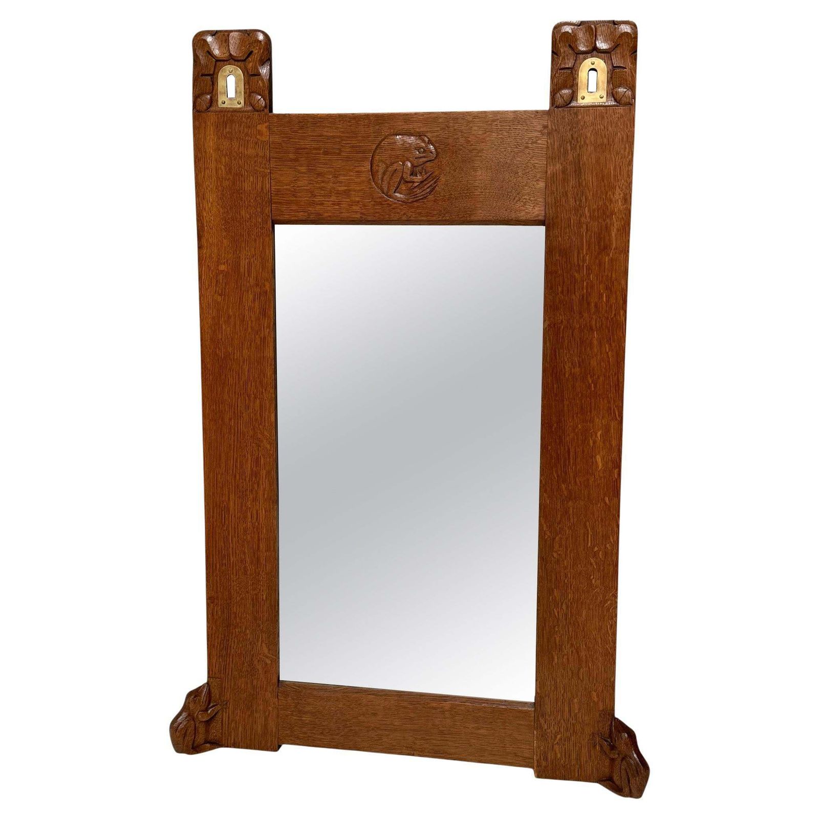 Arts & Crafts Wall Mirror With Hand Carved Frogs By Kobus De Graaff, 1900s