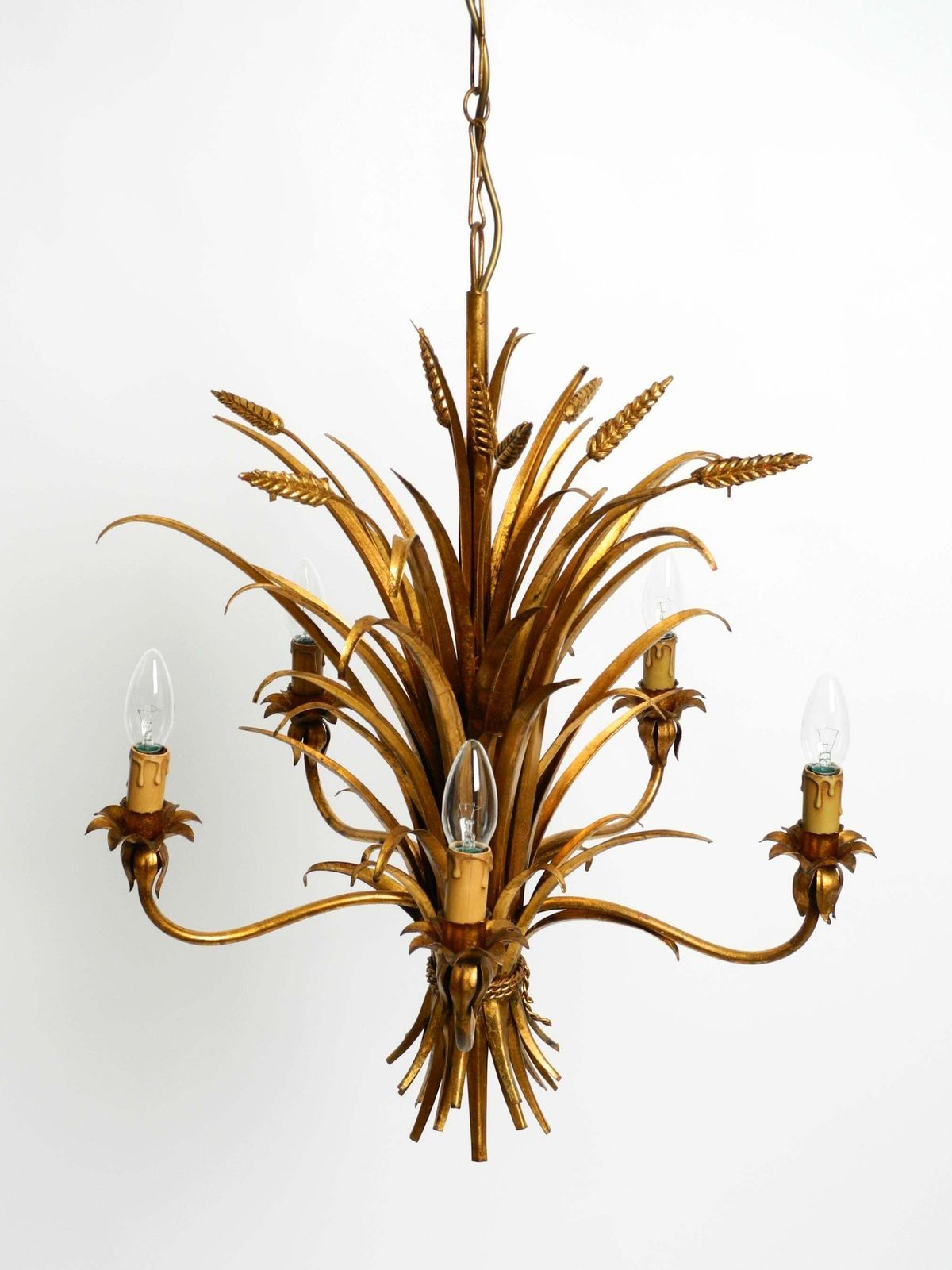 photo for sale Beautiful 1970s Gold Plated 5 Arm Tall Metal Chandelier By Hans Kögl