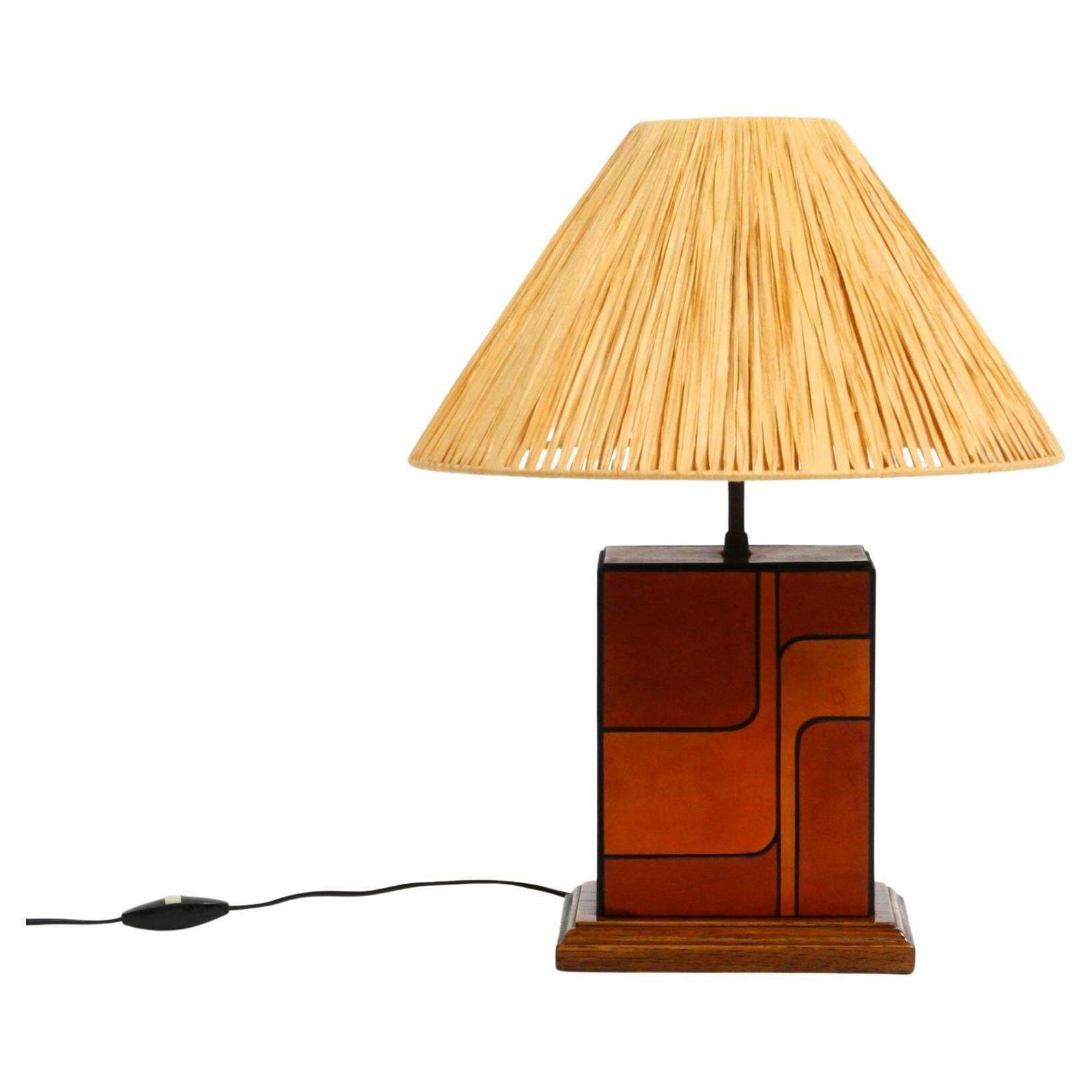 Italian 1960s Table Lamp Made Of Wood And Leather With Paper Straw Lampshade