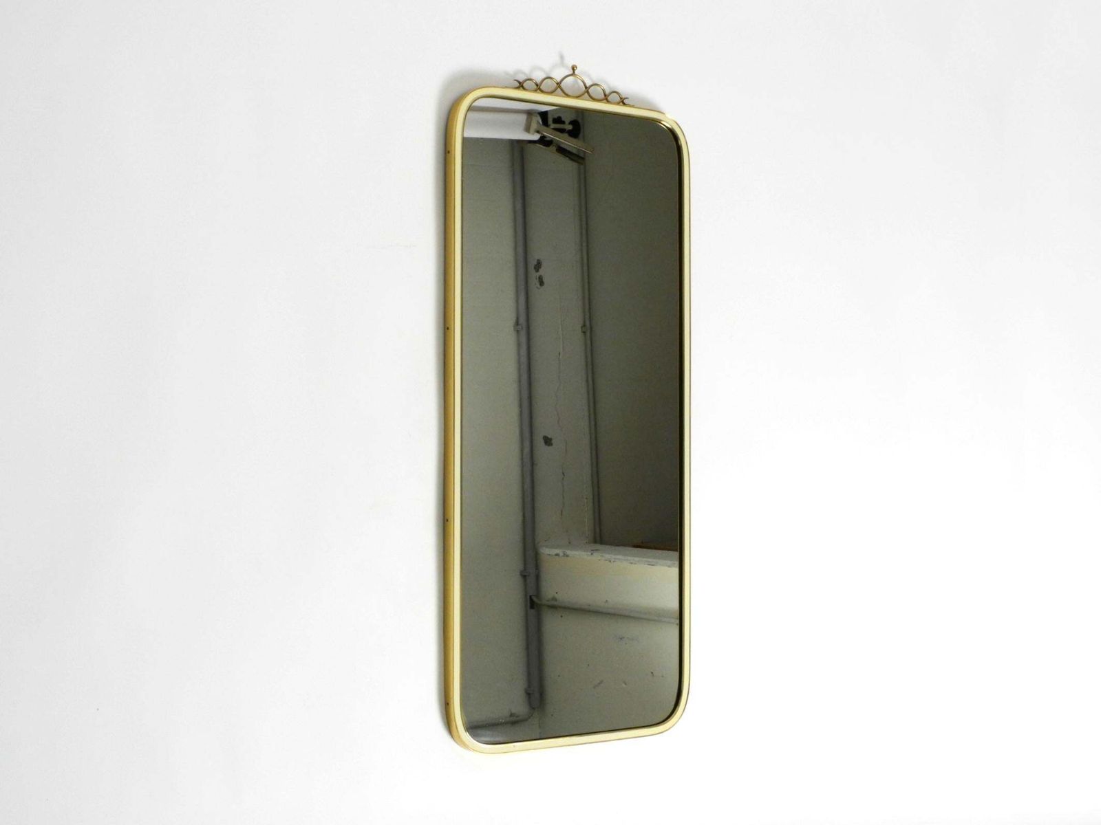 Large Heavy Long Mid Century Brass Wall Mirror By Münchner Zierspiegel photo for sale