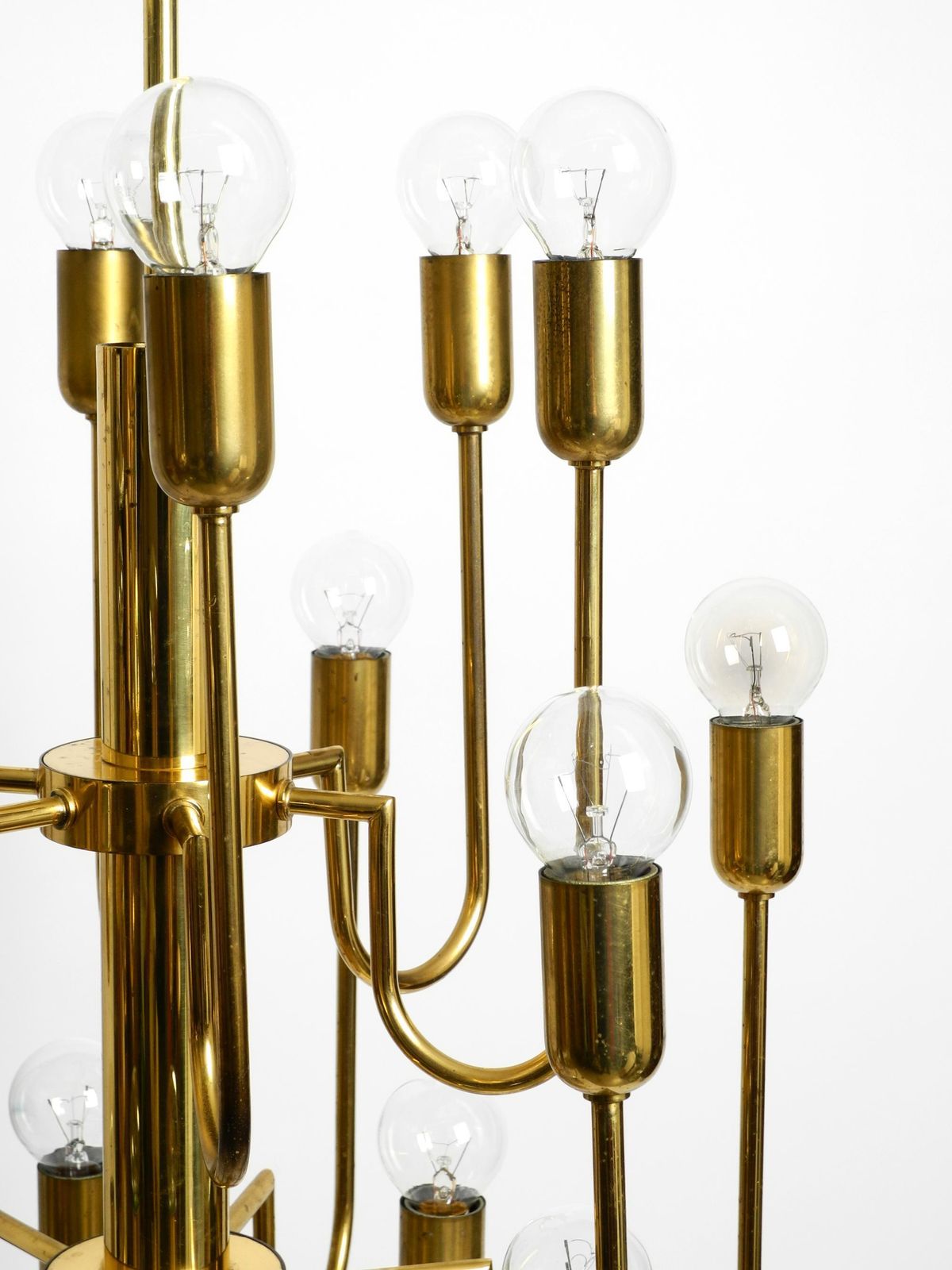 Beautiful Three Staged 18 Arm Mid Century Brass Chandelier With A Long Brass Rod photo buy