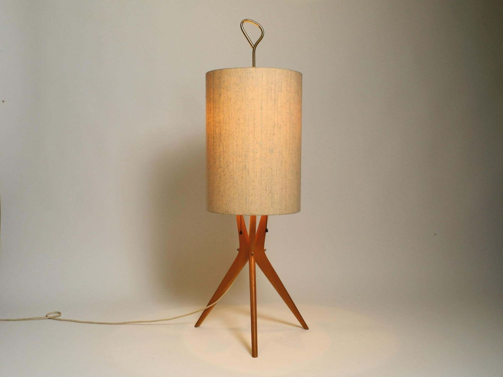 Beautiful Mid Century Tripod Walnut Wood Floor Lamp With Large Fabric Shade photo for sale