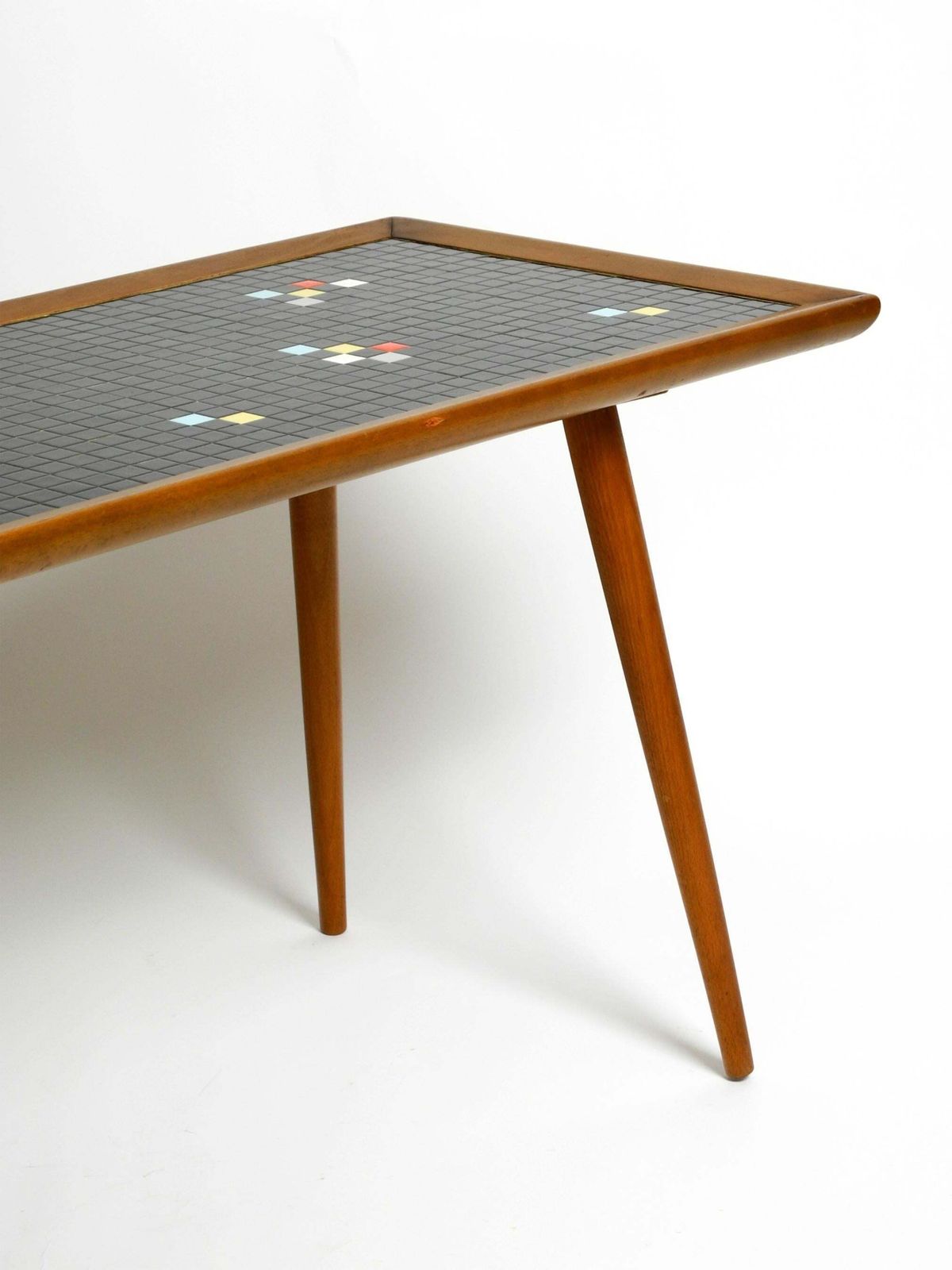 photo vintage Beautiful Long Mid Century Walnut Wood Coffee Table With A Mosaic Surface